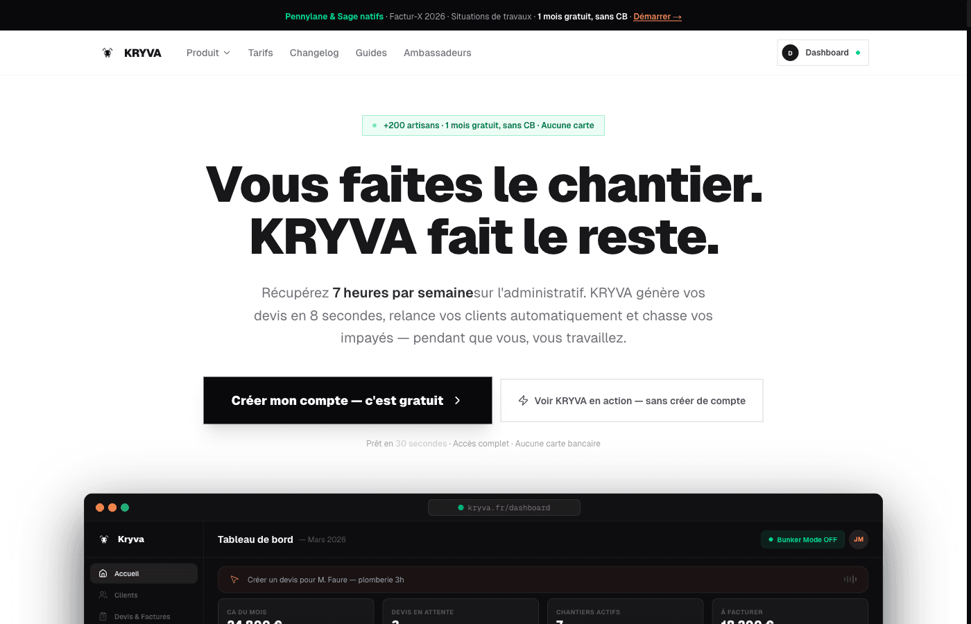 Hero Kryva.fr — Vous faites le chantier. KRYVA fait le reste.